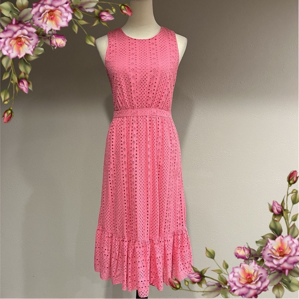 J. Crew Eyelet-embroidered tiered pink scoop neck sleeveless midi dress